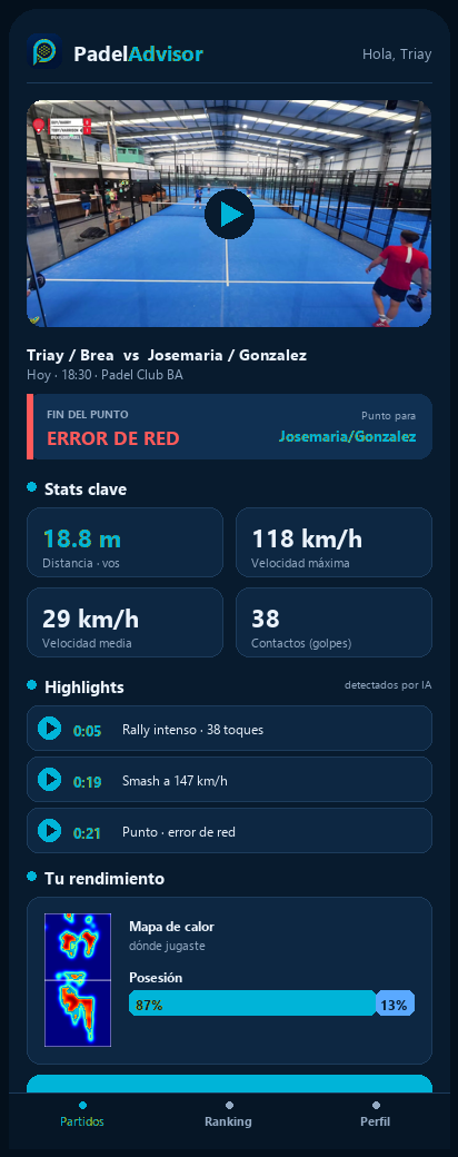 App de PadelAdvisor con las estadísticas del partido